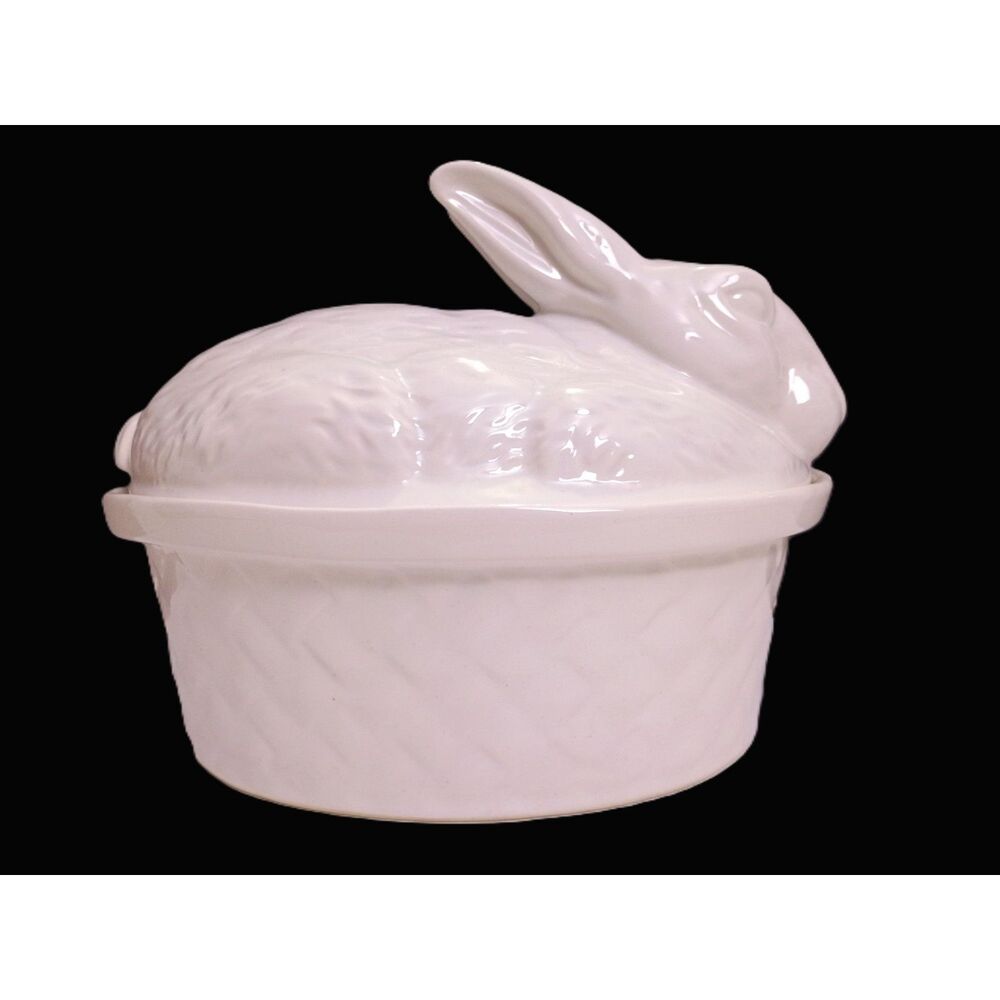 1950s California USA Pottery White Rabbit Vintage Easter Covered Casserole Dish
